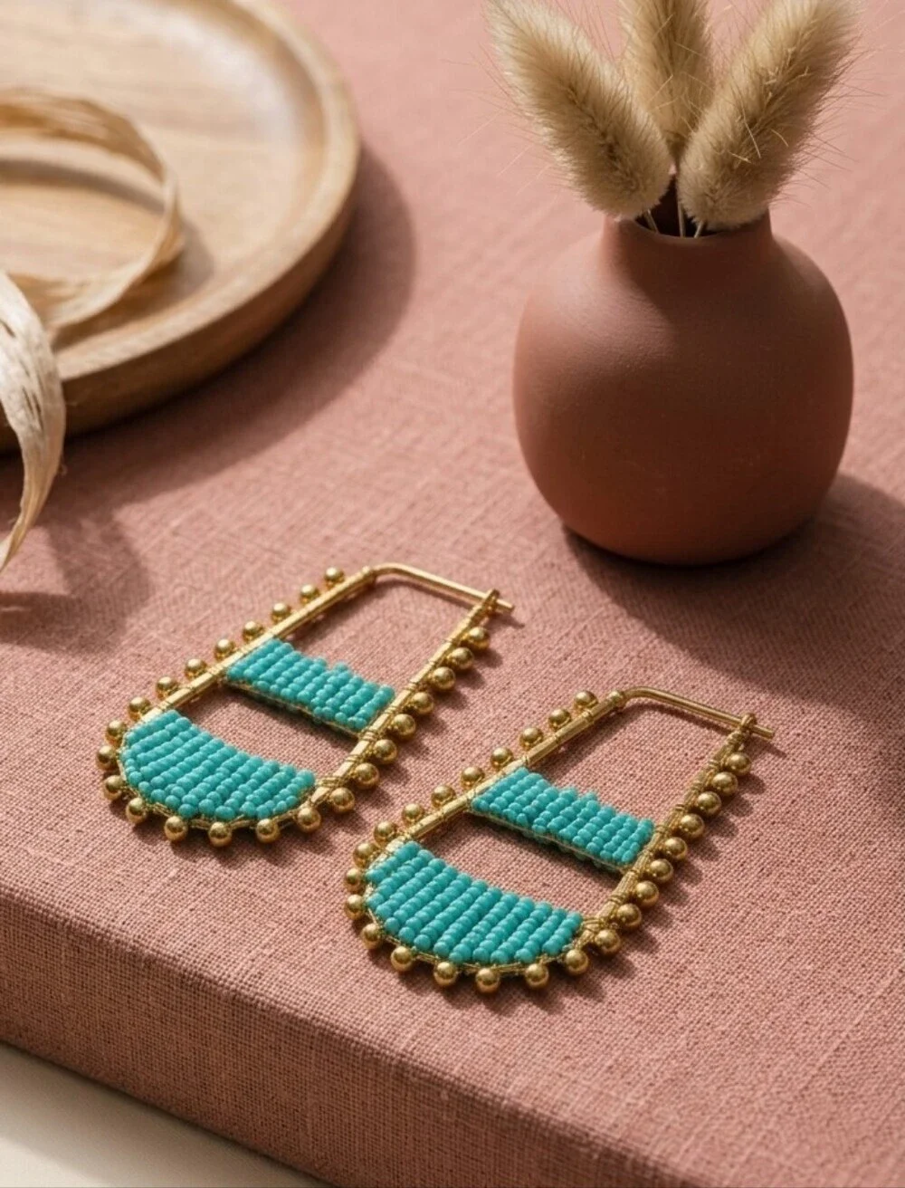Aqua Turquoise Seed Bead Statement Hoop Earrings Boho Artisan Gold Woven 2